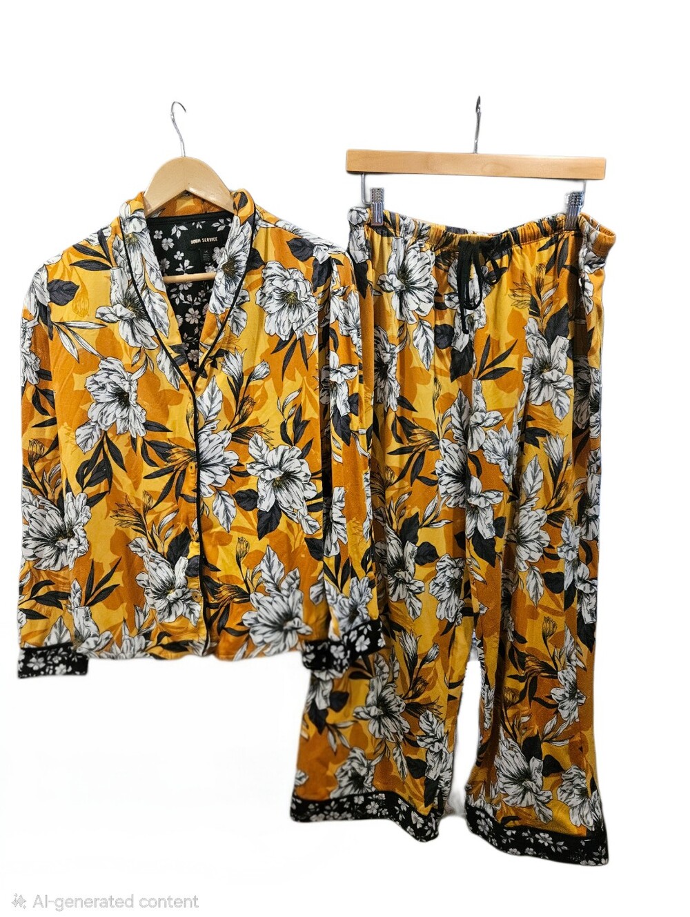 Room Service Floral Pajama Set Large Yellow Black Sleepwear Loungewear L - Picture 2 of 6